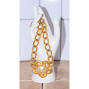 Maxine Denker Satin Matte Gold Tone Faux Pearl Couture Statement Necklace